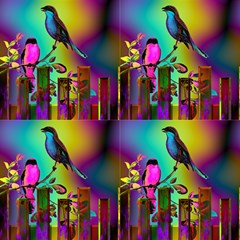 Birds On A Glass Fence 3 Glowing Sky By Paysmage Fabric