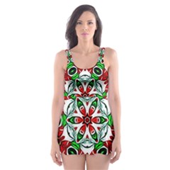Red and Green Pattern 1 Two Piece Bikini - Skater Dress Swimsuit