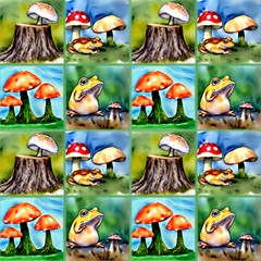 Frog Mushroom Panel Fabric by XYZed