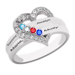 Round Diamond 4 Name Heart Ring - 925 Sterling Silver Ring