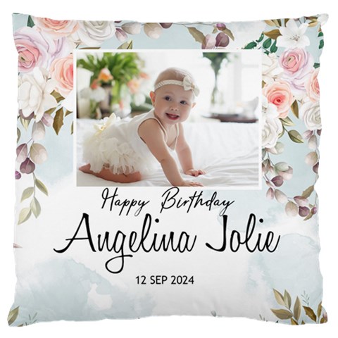 Personalized Photo Floral Baby Birthday Name Any Text Large Cushion Case By Joe Front