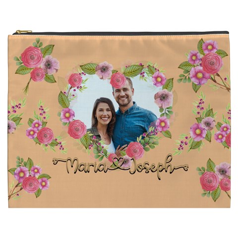 Personalized Floral Love Heart Shape Photo Name Cosmetic Bag By Joe Front