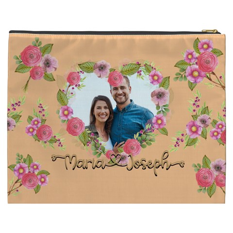 Personalized Floral Love Heart Shape Photo Name Cosmetic Bag By Joe Back