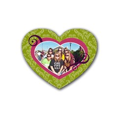 Green Damask Heart Coaster - Rubber Coaster (Heart)