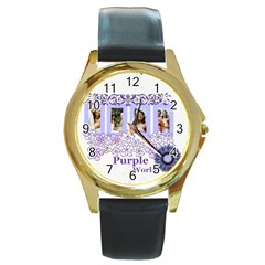 purple - Round Gold Metal Watch