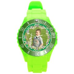 green sport watch large floral frame - Round Plastic Sport Watch (L)