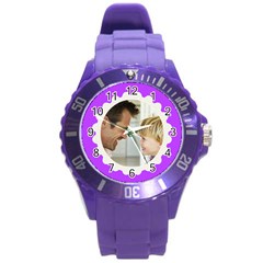 Purple/White Photo Frame Watch - Round Plastic Sport Watch (L)