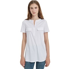Women s Zip Front V-Neck Short Sleeve Casual Top Pocket Shirt