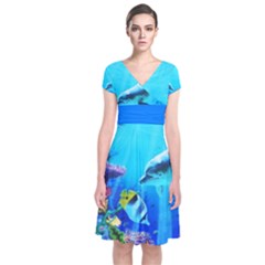 Dolphines at the Coral Reef  short sleeve  front wrap dress - Short Sleeve Front Wrap Dress