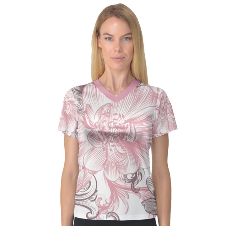 Flower Print V-Neck Sport Mesh Tee