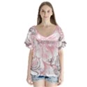 Flower Print V-Neck Flutter Sleeve Top View1