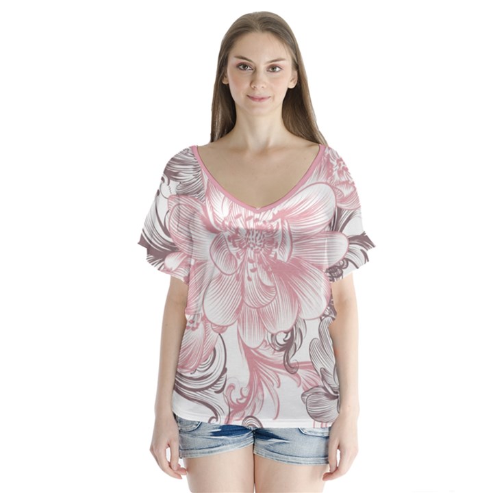 Flower Print V-Neck Flutter Sleeve Top