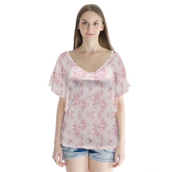 Small Flower Print V-Neck Flutter Sleeve Top