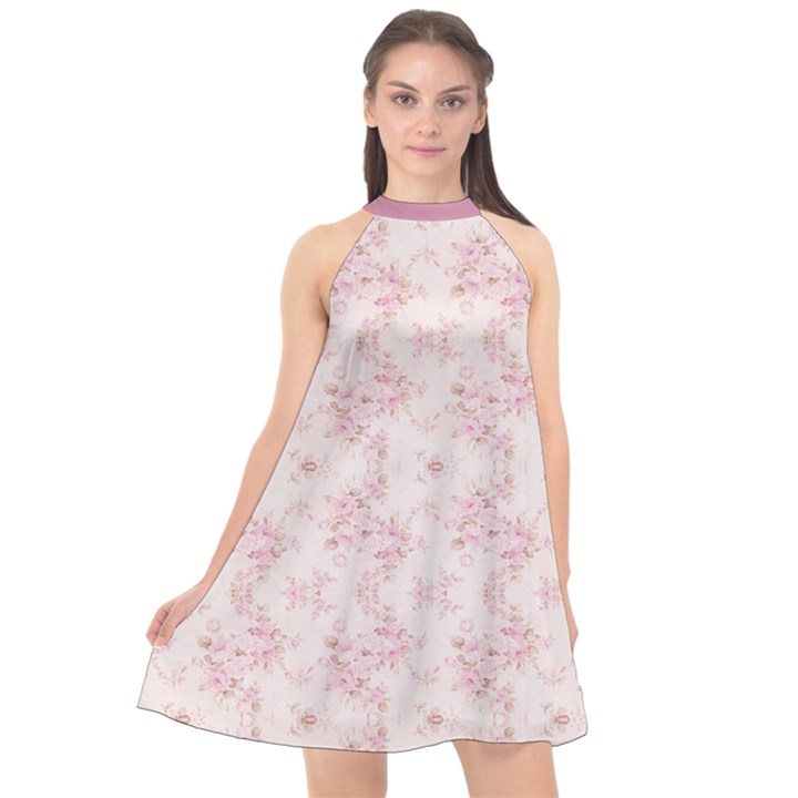 Small Flower Print Halter Neckline Chiffon Dress 