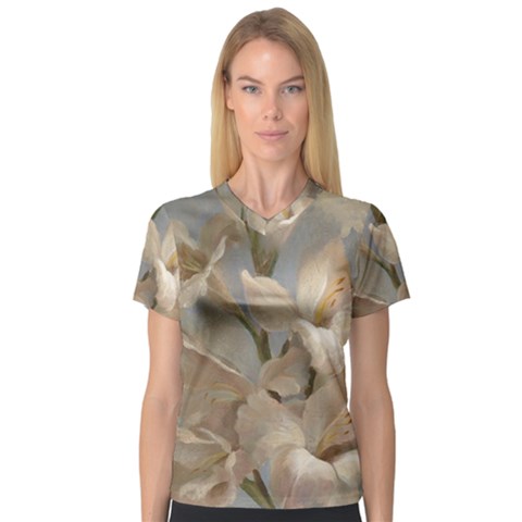 2 Flower Print Design V-neck Sport Mesh Tee by jmcdesigns