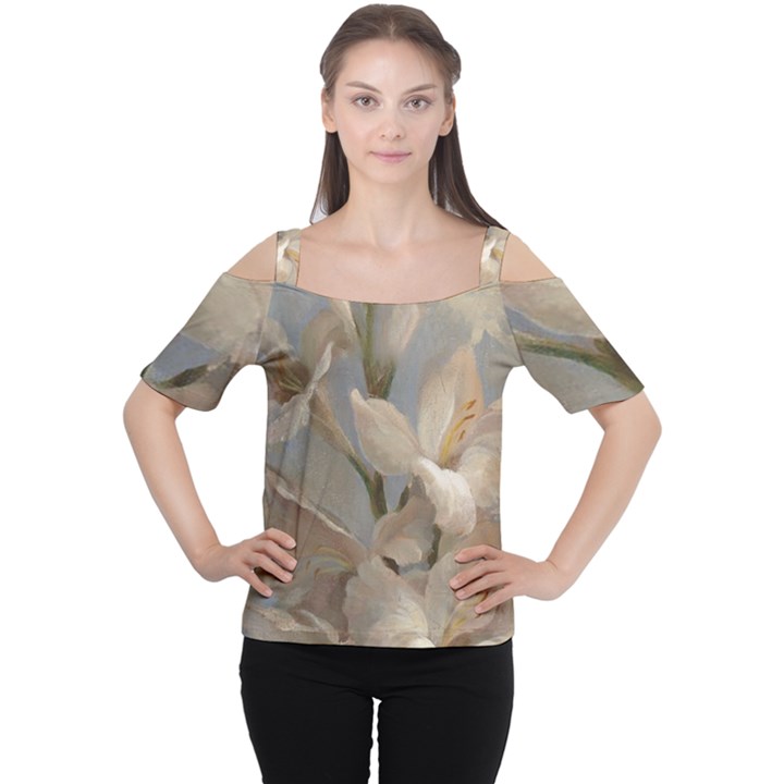 2 Flower Print Design Cutout Shoulder Tee