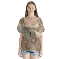 2 Flower Print Design V-neck Flutter Sleeve Top by jmcdesigns