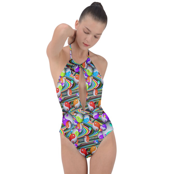 3D Rainbow Ying Yang Plunge Cut Halter Swimsuit