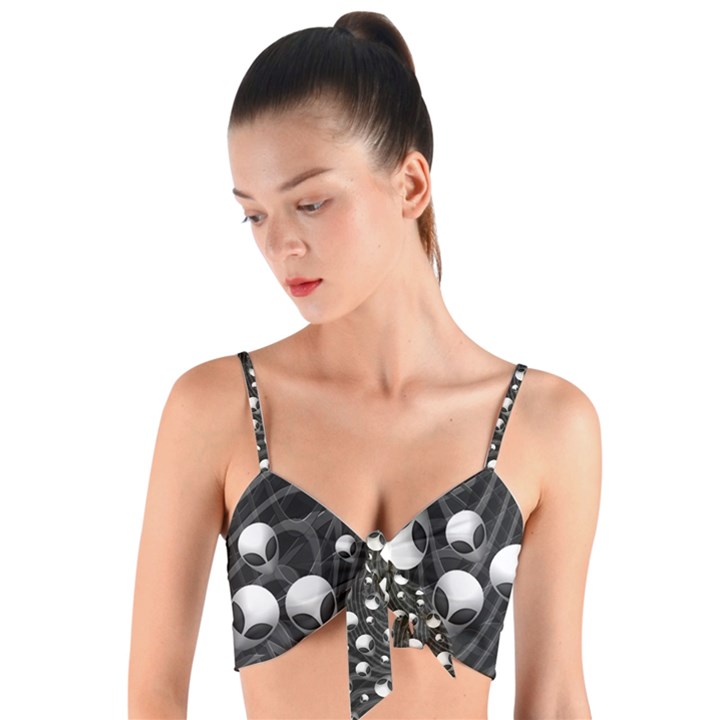 Cyptopunk Alien Skulls Woven Tie Front Bralette