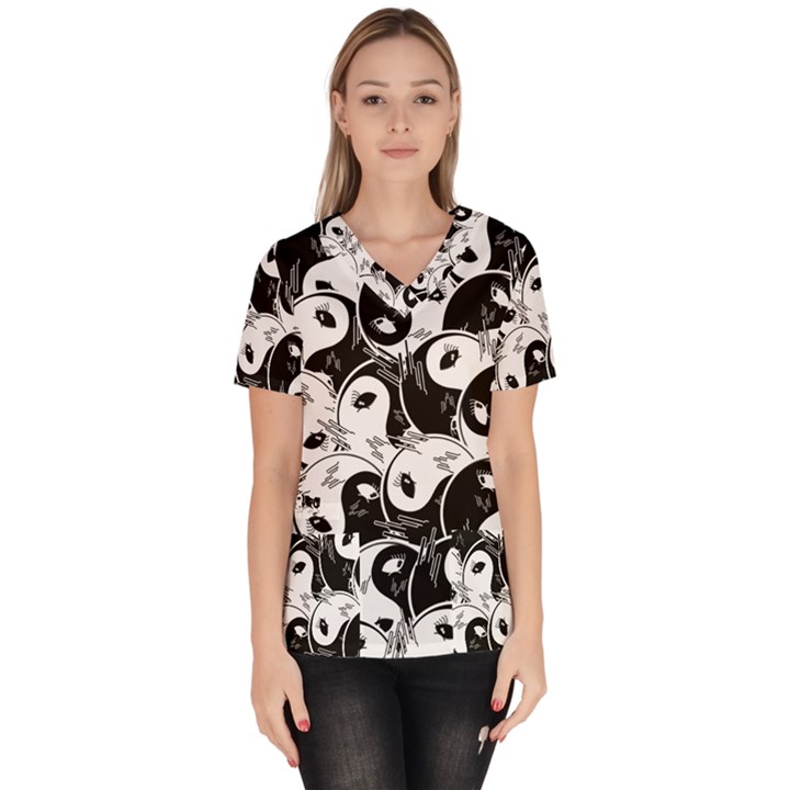 Hippyverse Alien Ying Yang Women s V-Neck Scrub Top