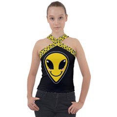 Hippyverse Alien Happy Face Cross Neck Velour Top by Bayarea51