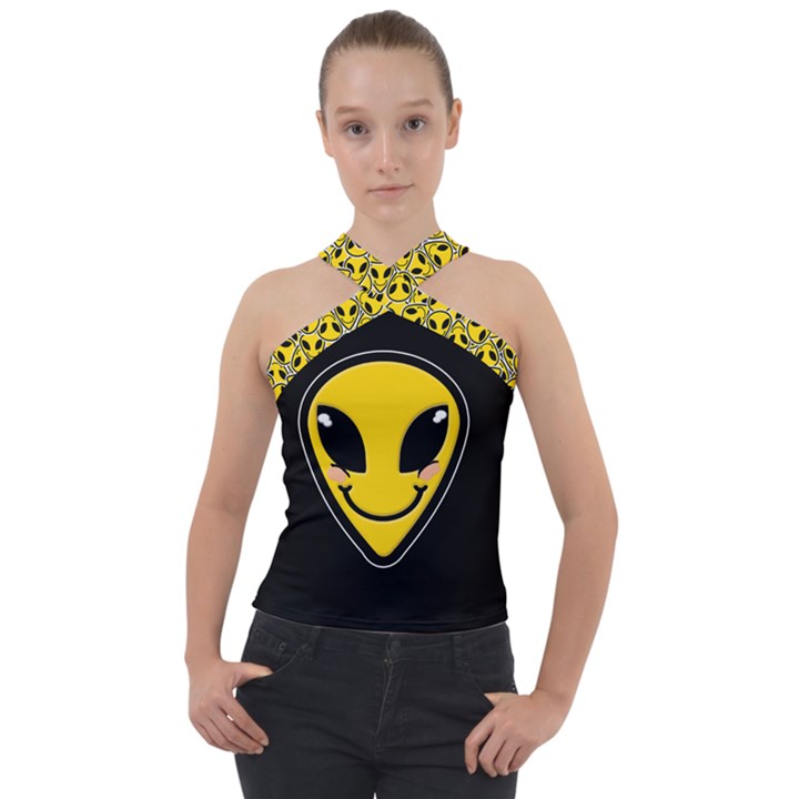 Hippyverse Alien Happy Face Cross Neck Velour Top