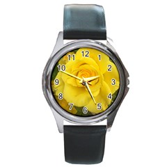 Yellow Rose Round Metal Watch by glendatartist