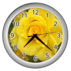 Yellow Rose Wall Clock (silver) by glendatartist