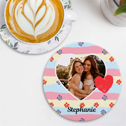 Personalized Heart Photo Name Round Tile Coaster By Katy Front