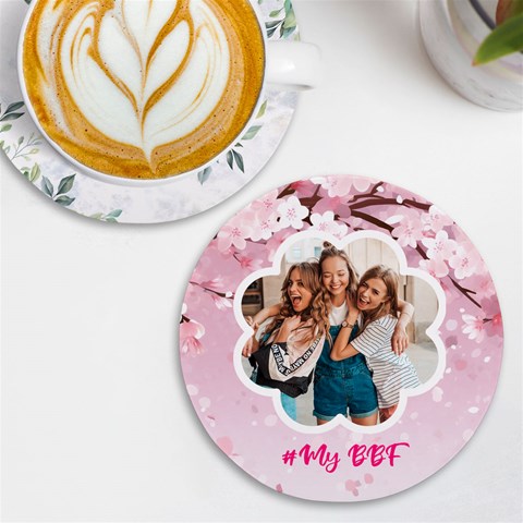 Personalized Cherry Bloom Photo Name Round Tile Coaster By Katy Front