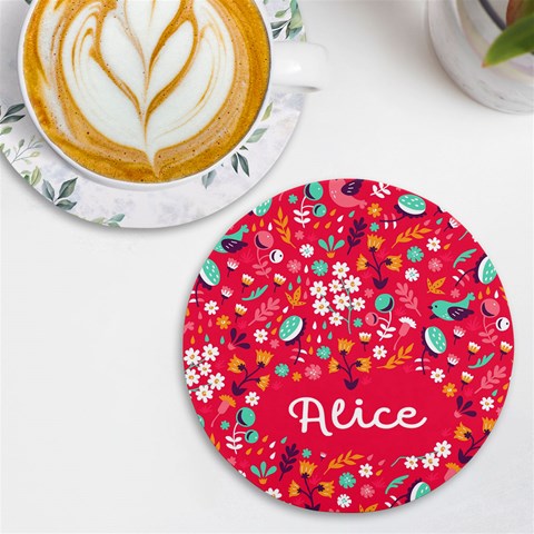 Personalized Spring Bird Floral Pattern Name Round Tile Coaster By Joe Front