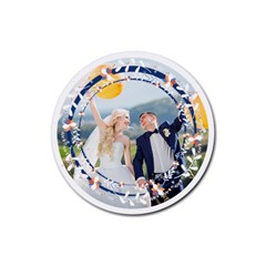 Personalized Blue Frame Photo Rubber Coaster (Round)
