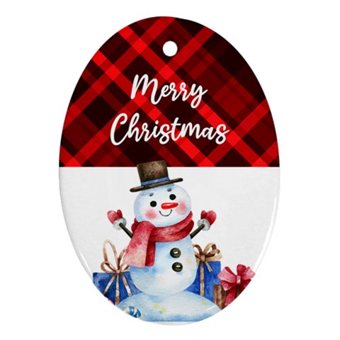 Personalized Checked Pattern With Snowman Name Any Text Oval Ornament (two Sides) By Katy Front