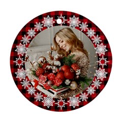 Personalized Photo Any Text Checked Pattern Christmas Round Ornament