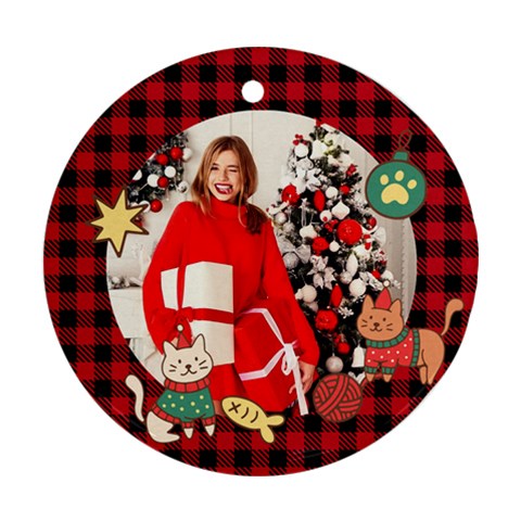 Personalized Photo Any Text Christmas Cat Round Ornament By Katy Front