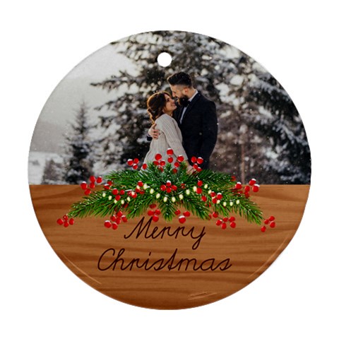 Personalized Photo Any Text Christmas Wood Round Ornament By Katy Front