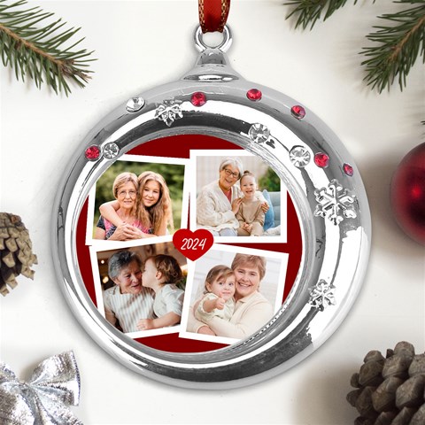 Personalized Christmas Photo Year Metal Snowflake Red Crystal Round Ornament By Joe Front