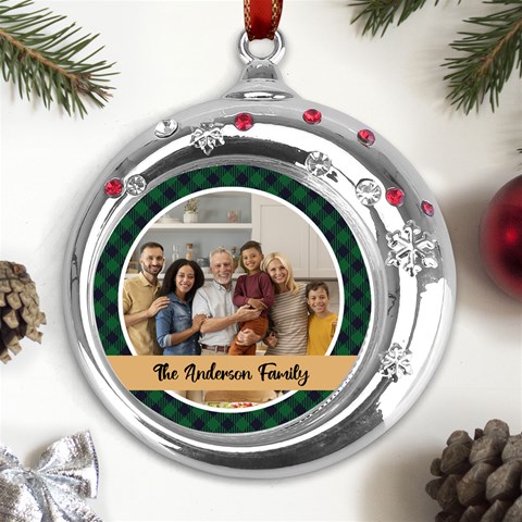 Personalized Christmas Photo Family Name Any Text Metal Snowflake Red Crystal Round Ornament By Joe Front