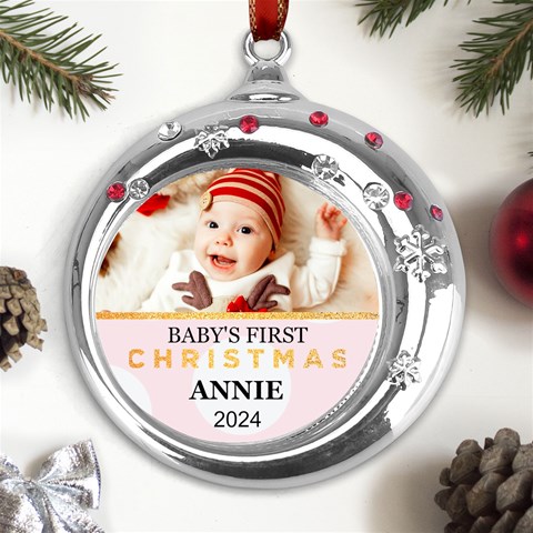 Personalized Christmas Year Photo Baby First Name Any Text Metal Snowflake Red Crystal Round Ornament By Joe Front