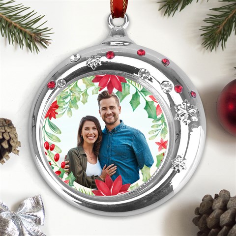 Personalized Christmas Photo Text Metal Snowflake Red Crystal Round Ornament By Joe Front