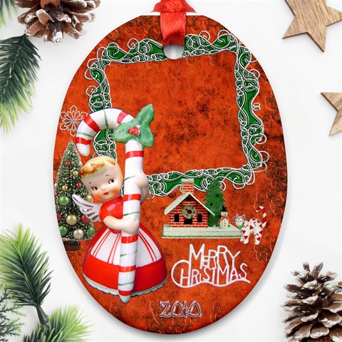 Merry Christmas Candy Cane Angel 31 Oval Christmas Ornament By Ellan Front