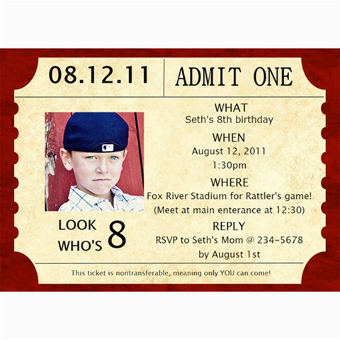 Baseball Ticket Birthday Invite By Lana Laflen 7 x5  Photo Card - 5