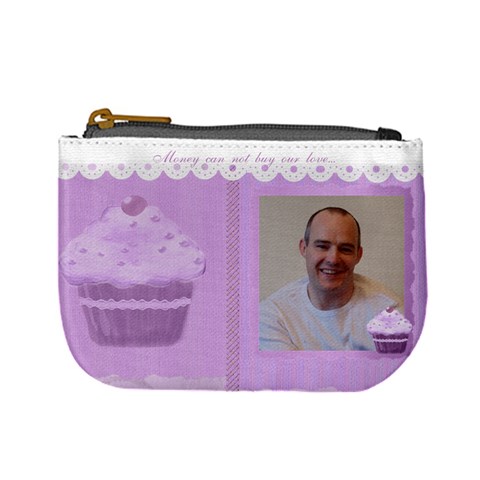 Money Can Not Buy Our Love Purple Cupcake Mini Coin Purse By Claire Mcallen Front