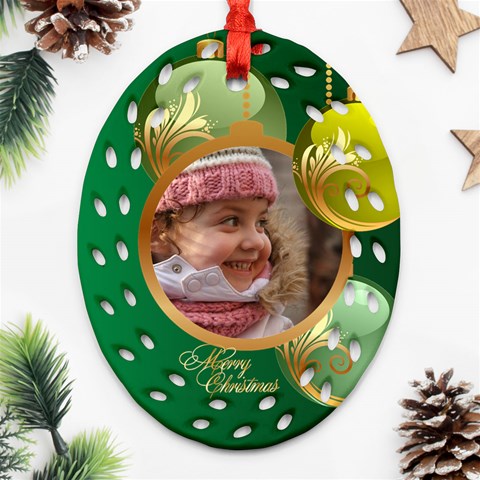 Green Christmas Filigree Oval Ornament By Deborah Front